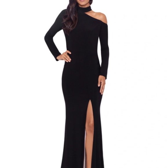 Xscape Black Cutout Shoulder Long Sleeve Gown - Picture 1 of 6
